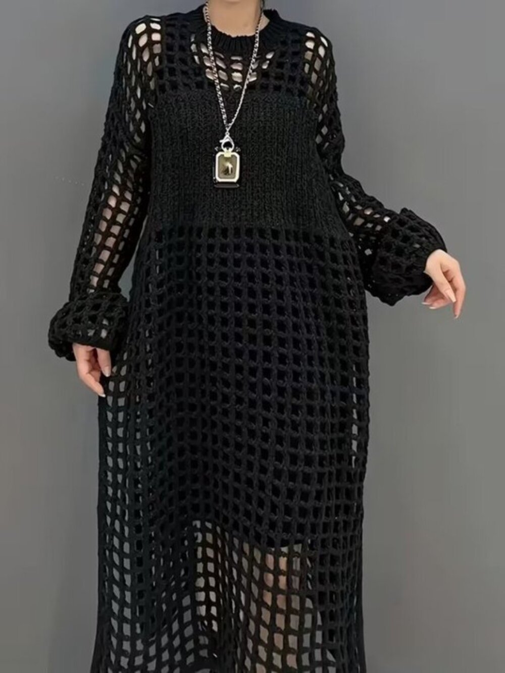 Open Knit Hollow Long Sweater Dress - Picture 2 of 5